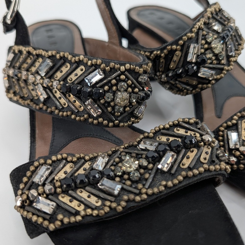 Marni Black Suede Beaded Crystal Block Heel Slingback Sandals Made in Italy‎ - Picture 2 of 6
